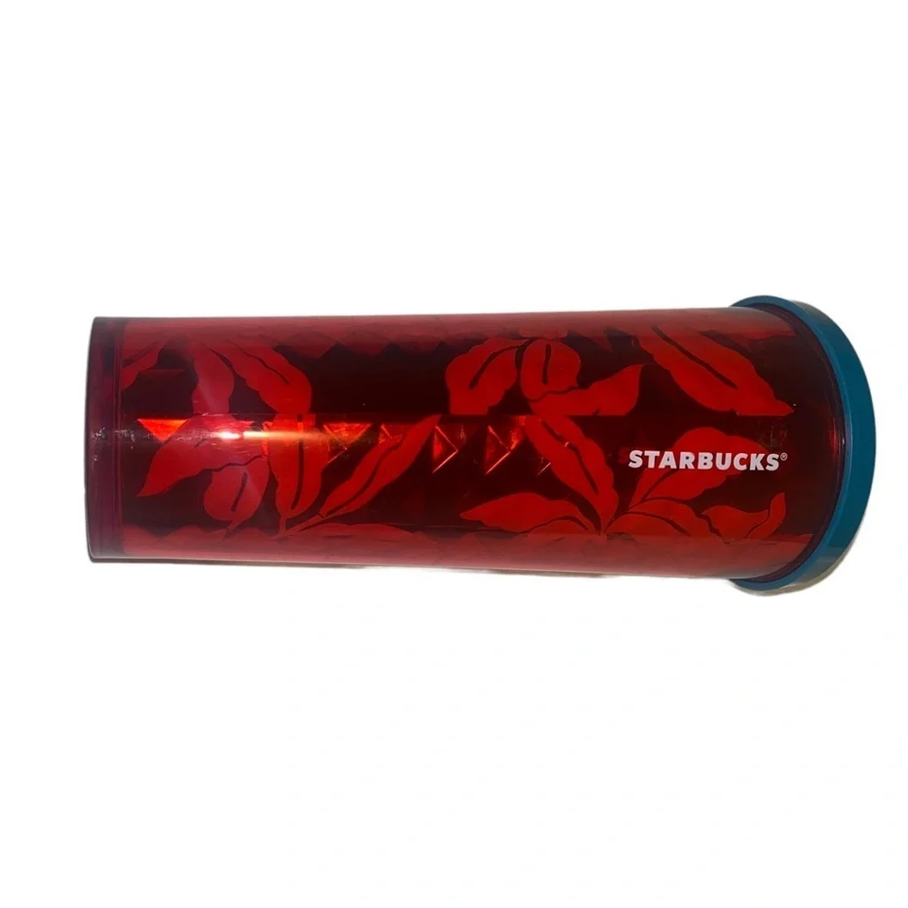 Starbucks Red Flowers Berries Abstract Faceted Print Cold Cup TUMBLER 24Oz